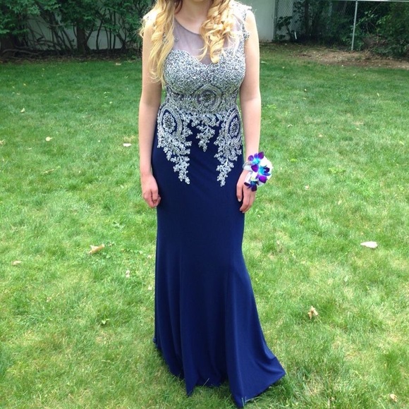 Navy Blue and Silver Prom Dress - Picture 2 of 4